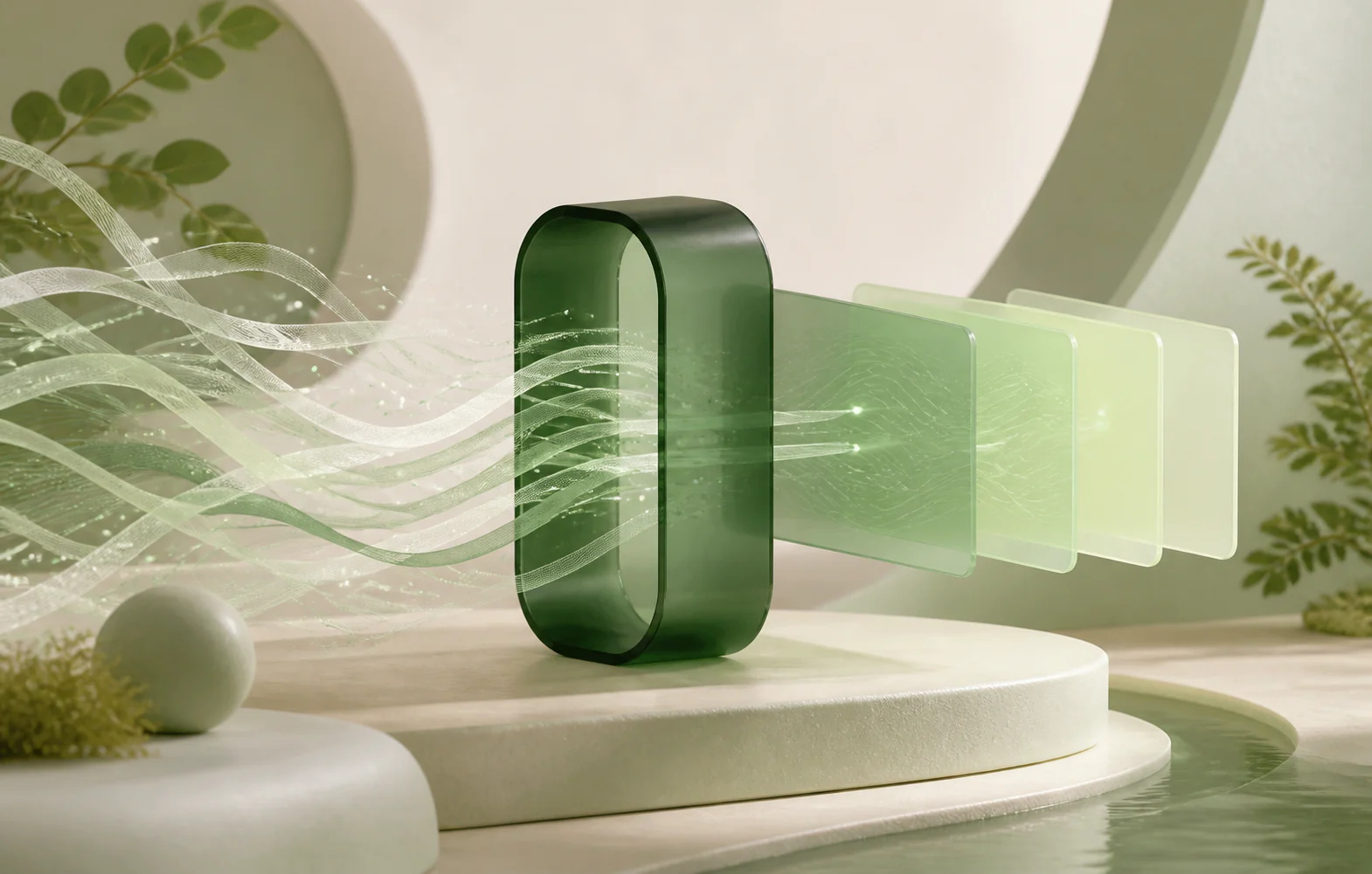 Abstract green gateway turning flowing signals into organized layers of context