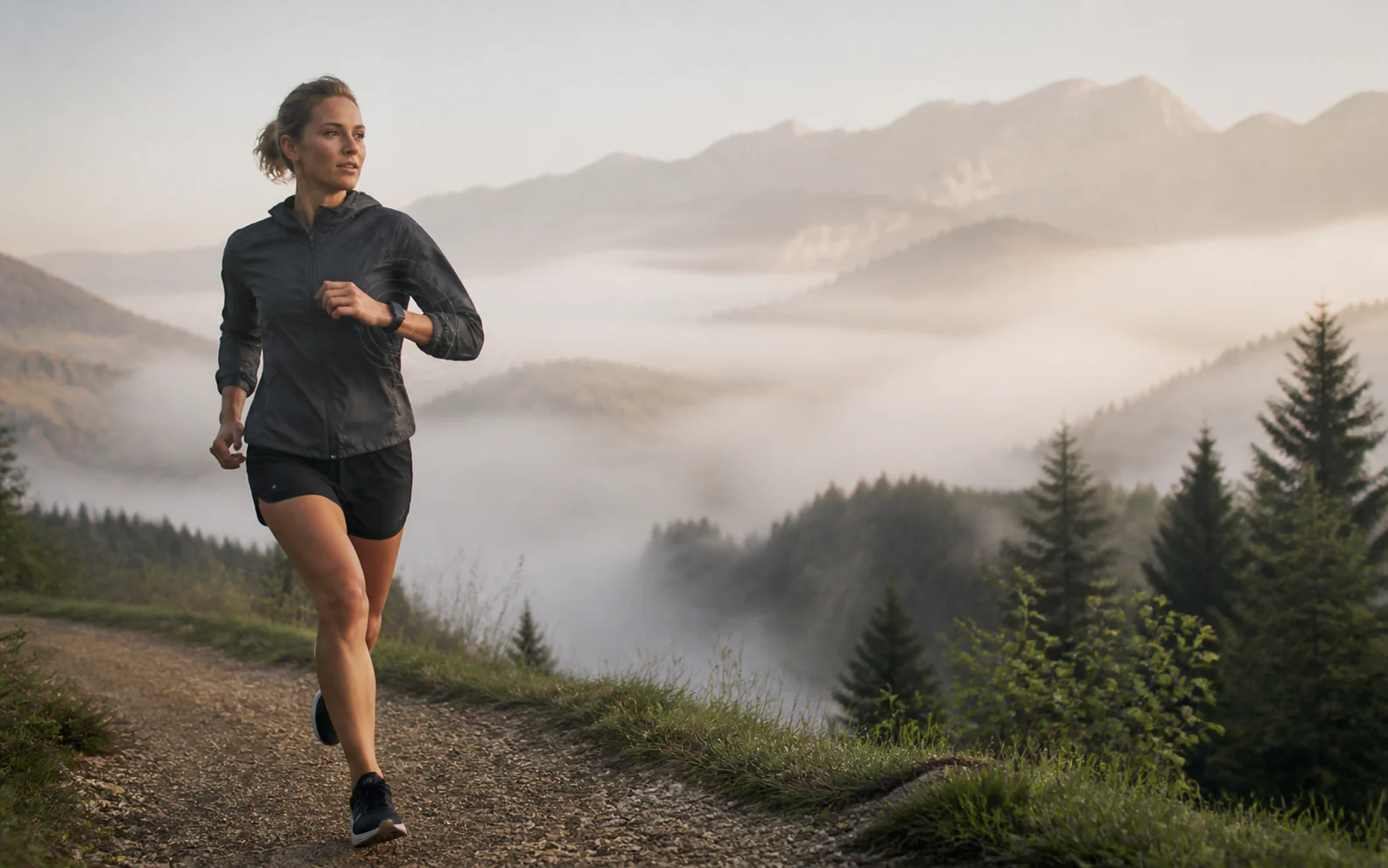 Runner training in the mountains with a fitness wearable recording her movement